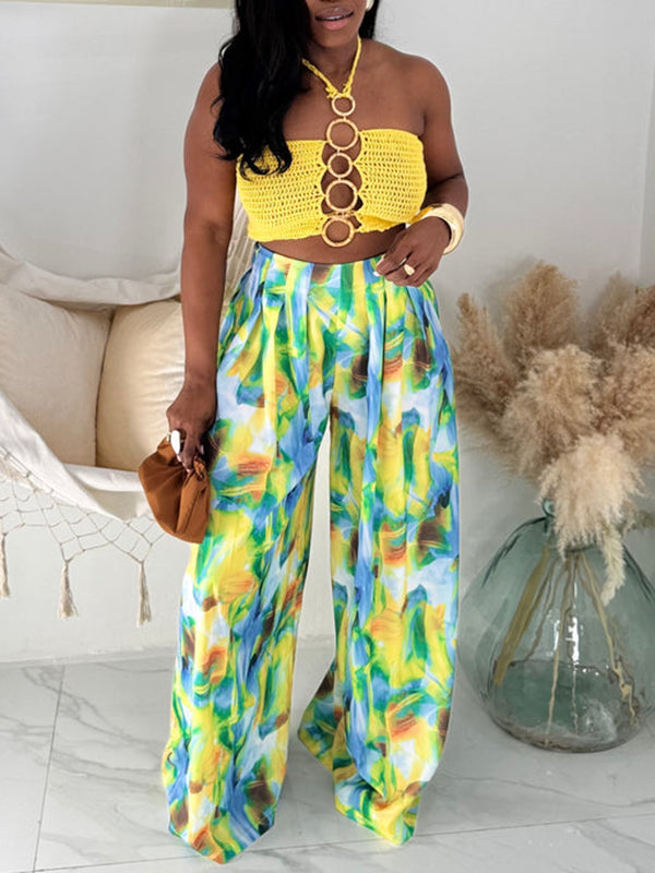 Crochet Halter Top & Printed Wide Leg Pant Set