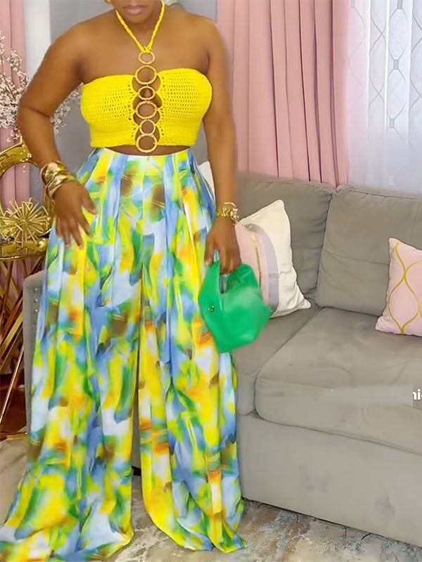 Crochet Halter Top & Printed Wide Leg Pant Set