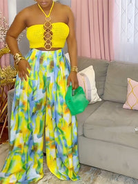 Crochet Halter Top & Printed Wide Leg Pant Set