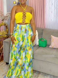 Crochet Halter Top & Printed Wide Leg Pant Set