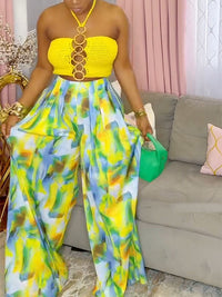 Crochet Halter Top & Printed Wide Leg Pant Set