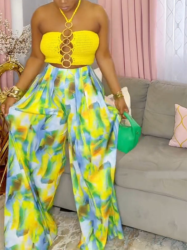 Crochet Halter Top & Printed Wide Leg Pant Set