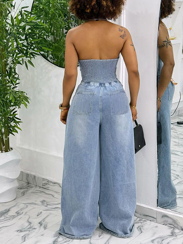 Halter Button-Front Denim Jumpsuit