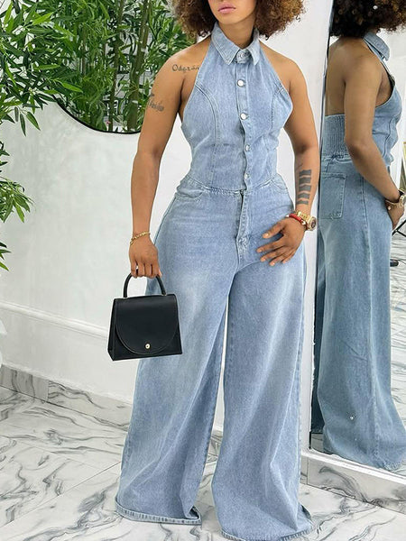 Halter Button-Front Denim Jumpsuit