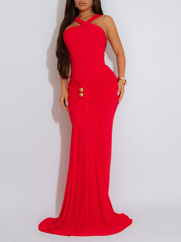 Solid Ruched Sleeveless Maxi Dress