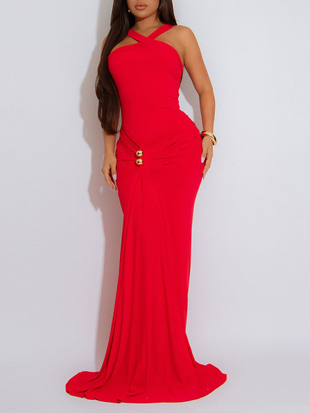 Solid Ruched Sleeveless Maxi Dress