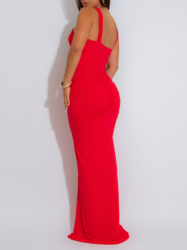 Solid Ruched Sleeveless Maxi Dress