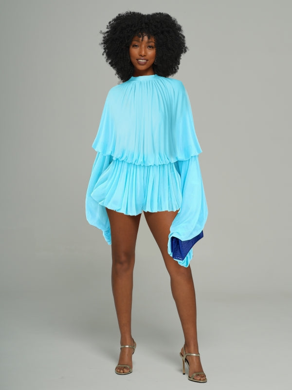 Bell-Sleeve Ruched Romper