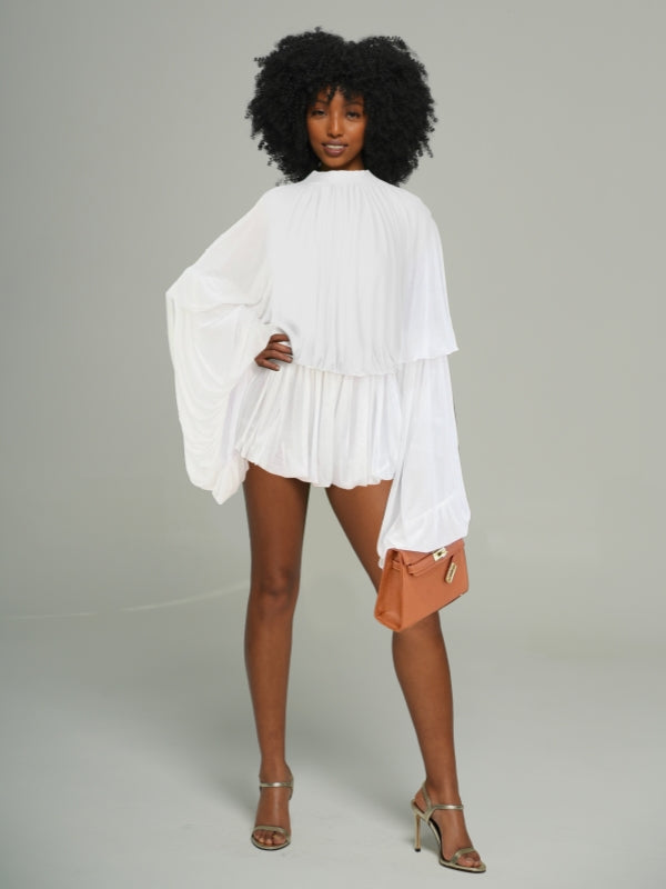 Bell-Sleeve Ruched Romper