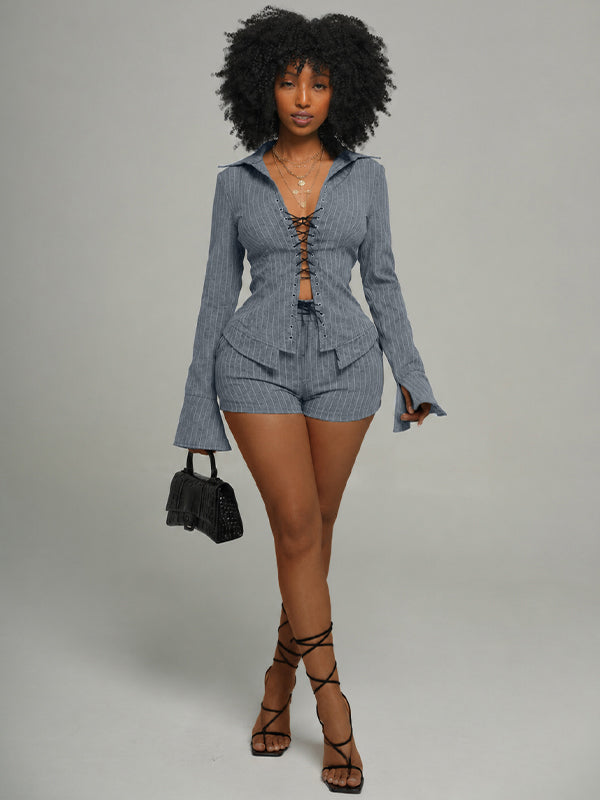 Stripe Tied Shirt & Shorts Set