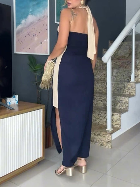 Two-Tone Halter Slit Dress