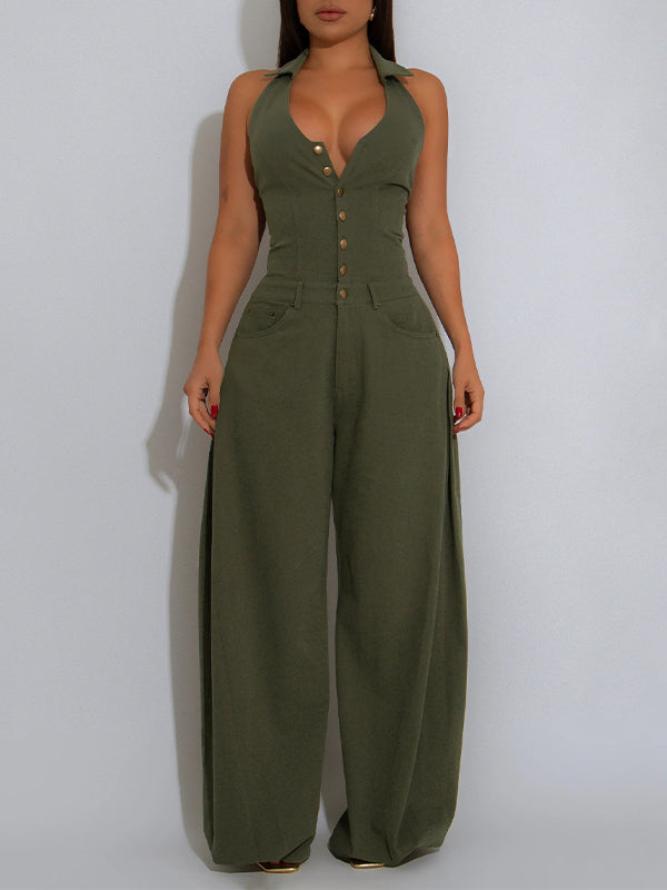 Solid Button-Front Halter Jumpsuit