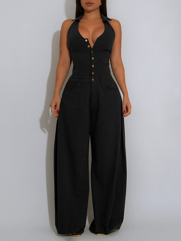 Solid Button-Front Halter Jumpsuit