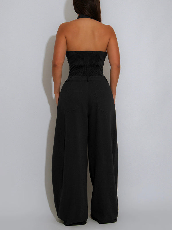 Solid Button-Front Halter Jumpsuit