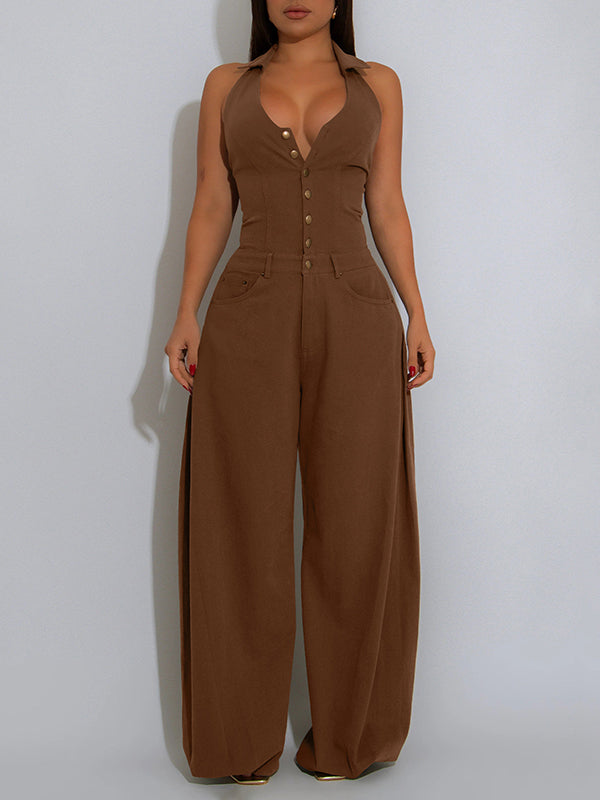 Solid Button-Front Halter Jumpsuit