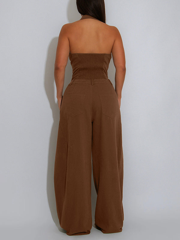 Solid Button-Front Halter Jumpsuit