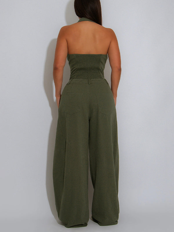 Solid Button-Front Halter Jumpsuit