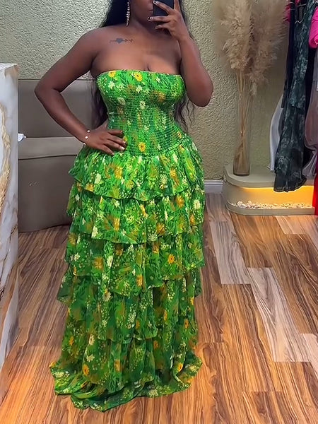 Printed Strapless Tiered Dress