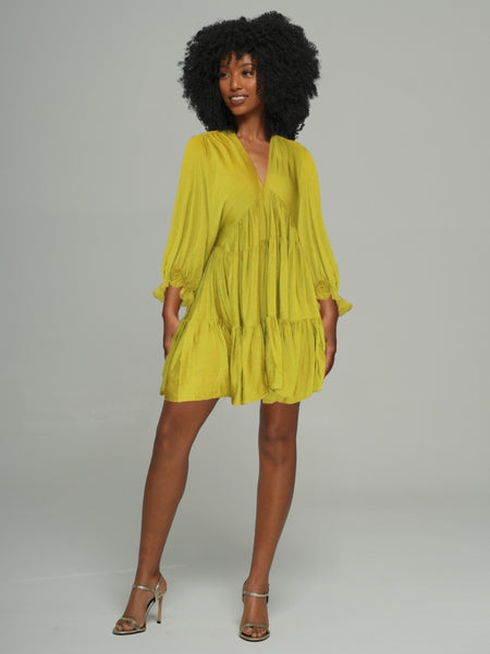 Solid V-Neck Ruffle Dress