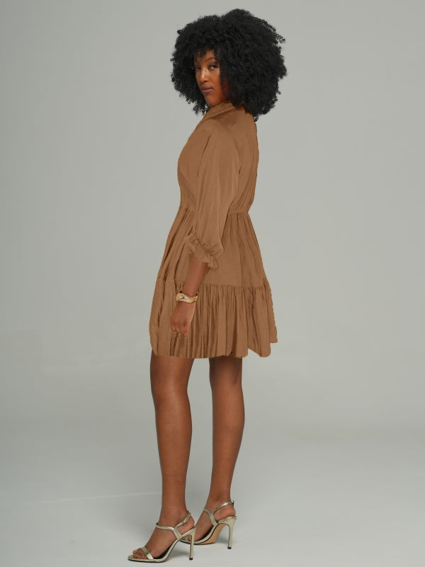 Solid V-Neck Ruffle Dress
