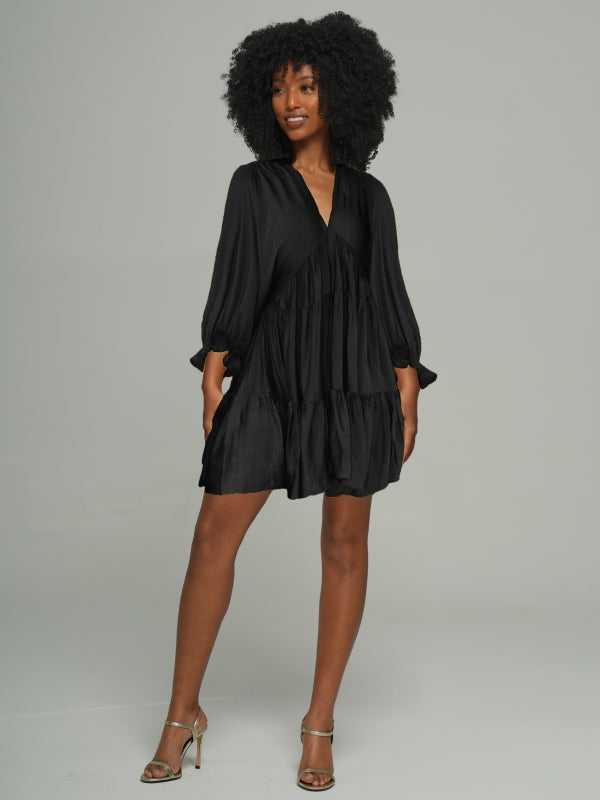 Solid V-Neck Ruffle Dress