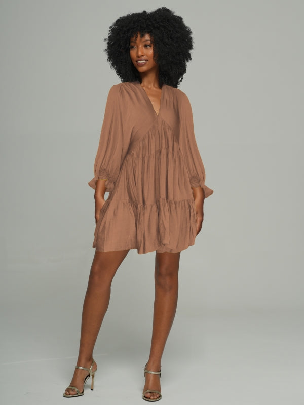 Solid V-Neck Ruffle Dress