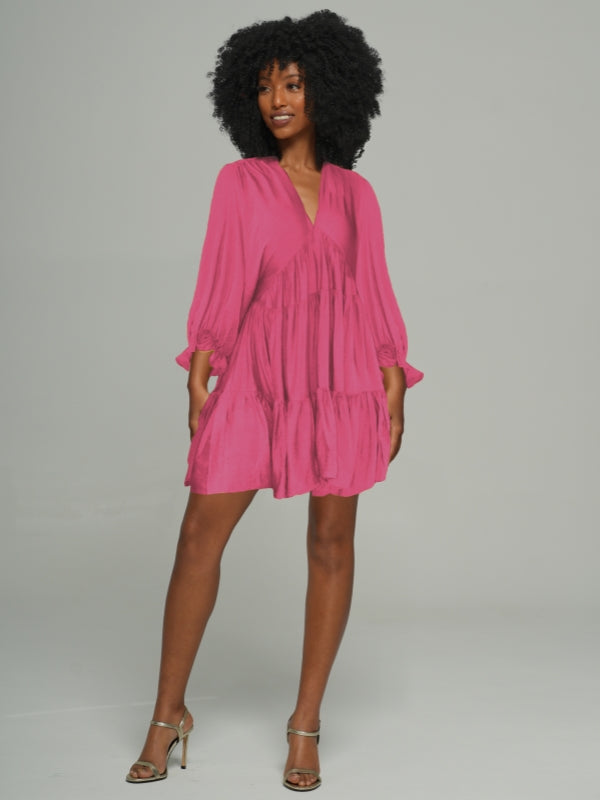 Solid V-Neck Ruffle Dress