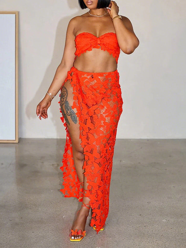 Lace Bandeau Top & Slit Skirt Set
