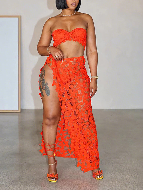 Lace Bandeau Top & Slit Skirt Set