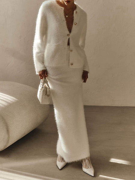 Solid Cardigan & Skirt Set