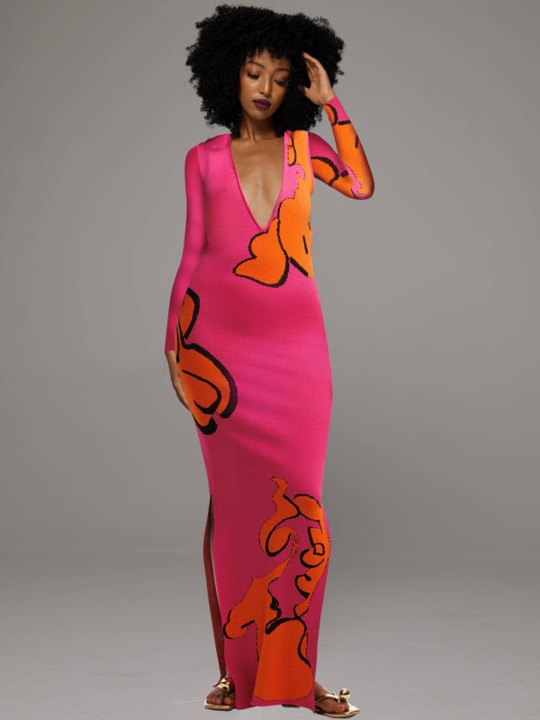 Printed V-Neck Maxi Dress