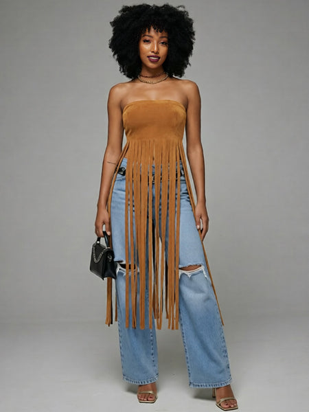 Fringe Strapless Tunic Top