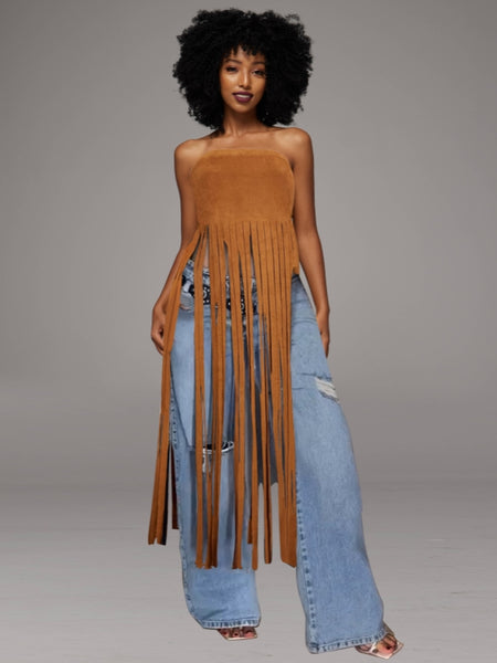 Fringe Strapless Tunic Top