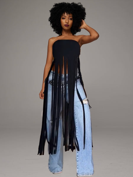 Fringe Strapless Tunic Top