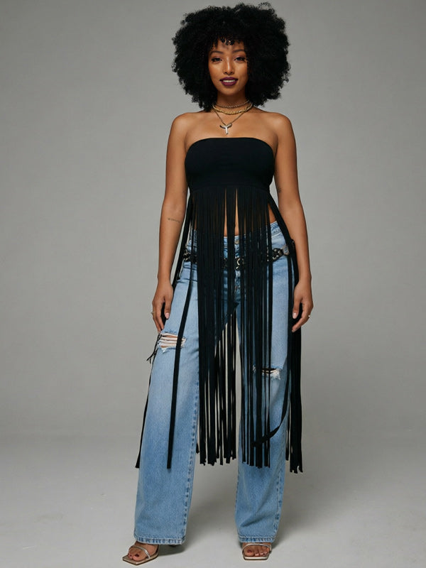 Fringe Strapless Tunic Top