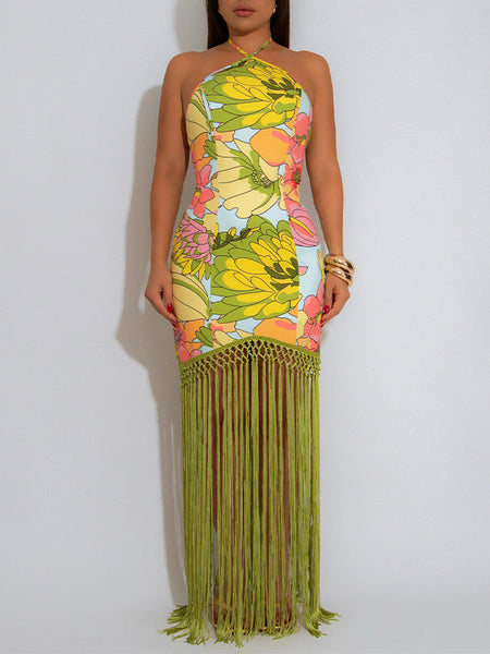 Fringe Combo Halter Dress