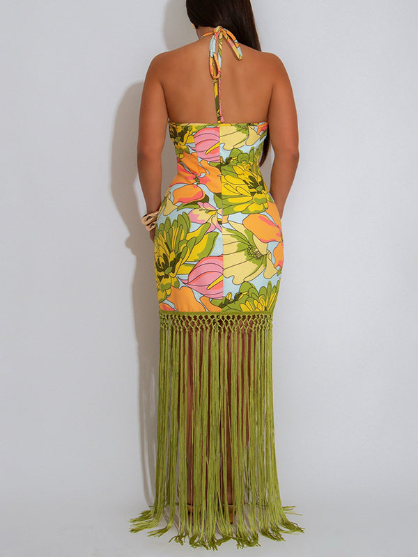 Fringe Combo Halter Dress