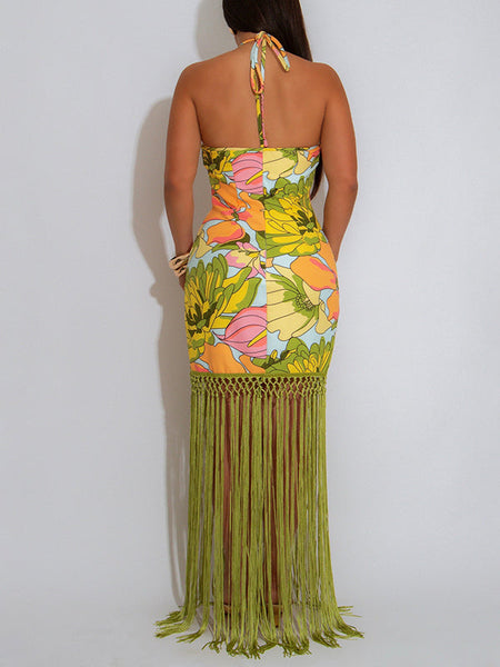 Fringe Combo Halter Dress