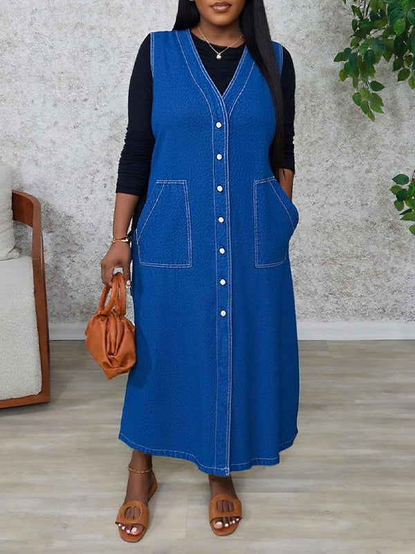 Button-Front Sleeveless Denim Dress