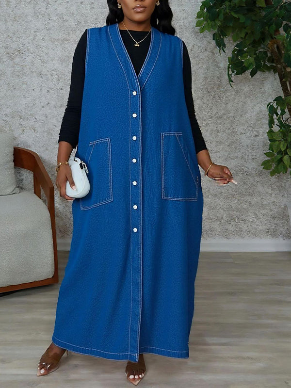 Button-Front Sleeveless Denim Dress