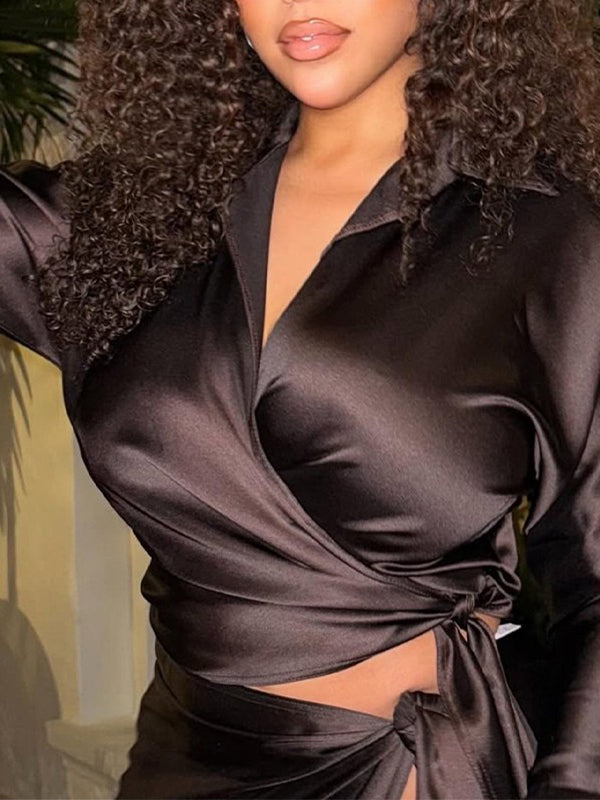 Satin Tied Shirt & Slit Skirt Set