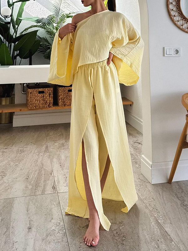 Boat-Neck Top & Slit Pants Set