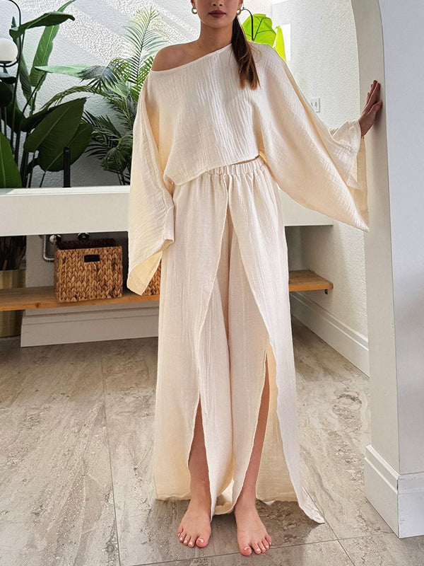 Boat-Neck Top & Slit Pants Set