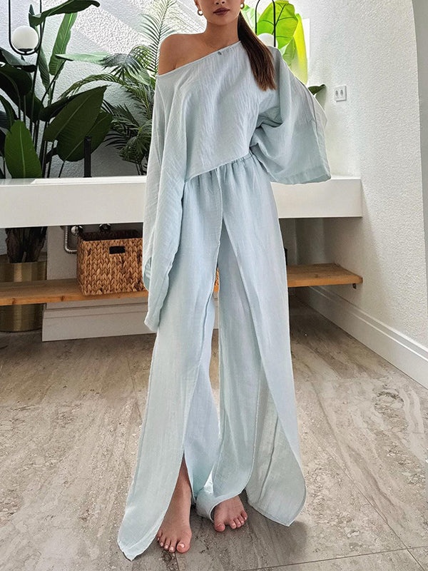 Boat-Neck Top & Slit Pants Set