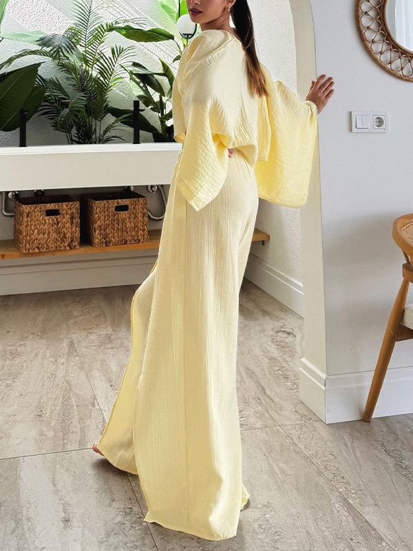 Boat-Neck Top & Slit Pants Set