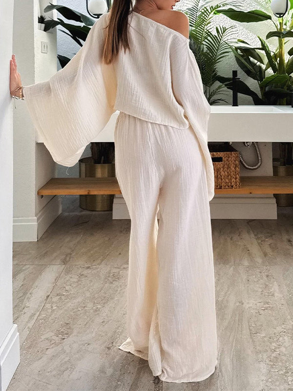 Boat-Neck Top & Slit Pants Set