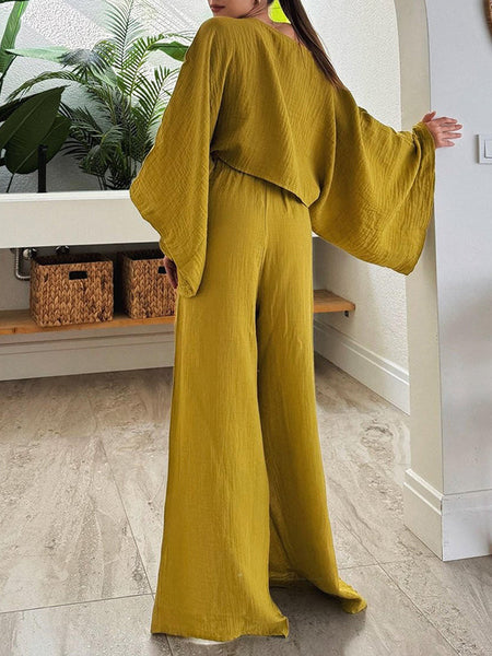 Boat-Neck Top & Slit Pants Set