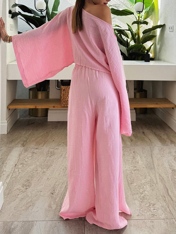 Boat-Neck Top & Slit Pants Set