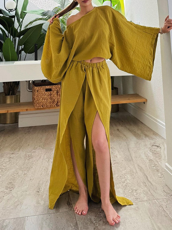 Boat-Neck Top & Slit Pants Set