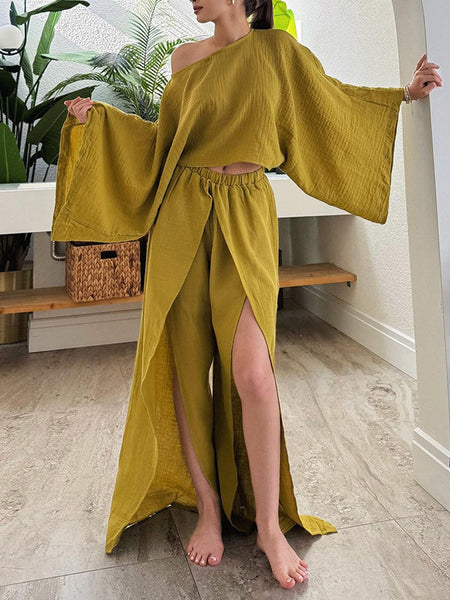 Boat-Neck Top & Slit Pants Set